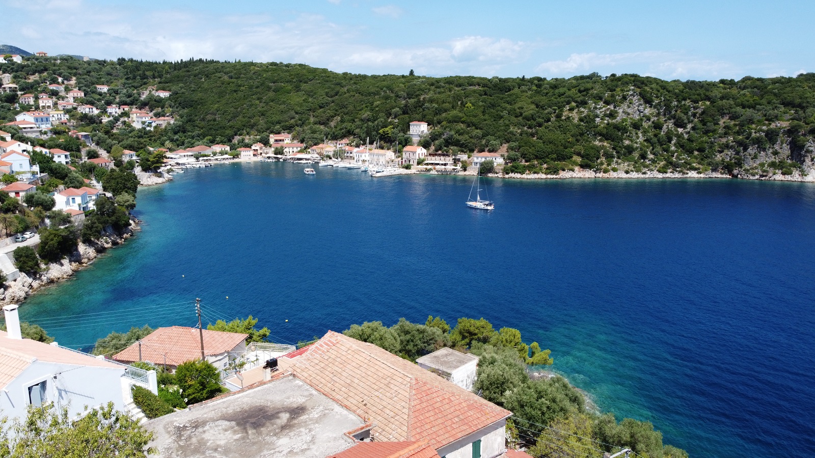 Aerial views of house for sale on Ithaca Greece, Kioni
