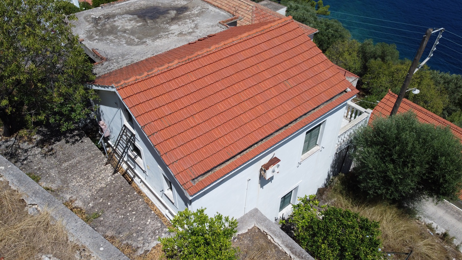 Aerial views of house for sale on Ithaca Greece, Kioni