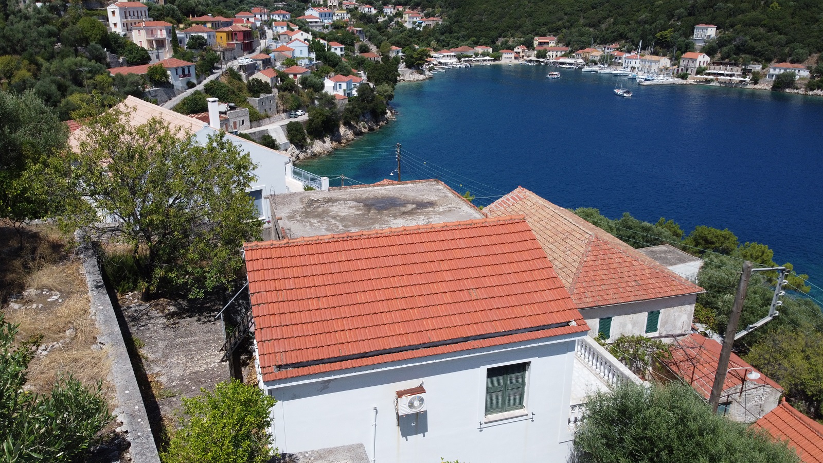 Aerial views of house for sale on Ithaca Greece, Kioni