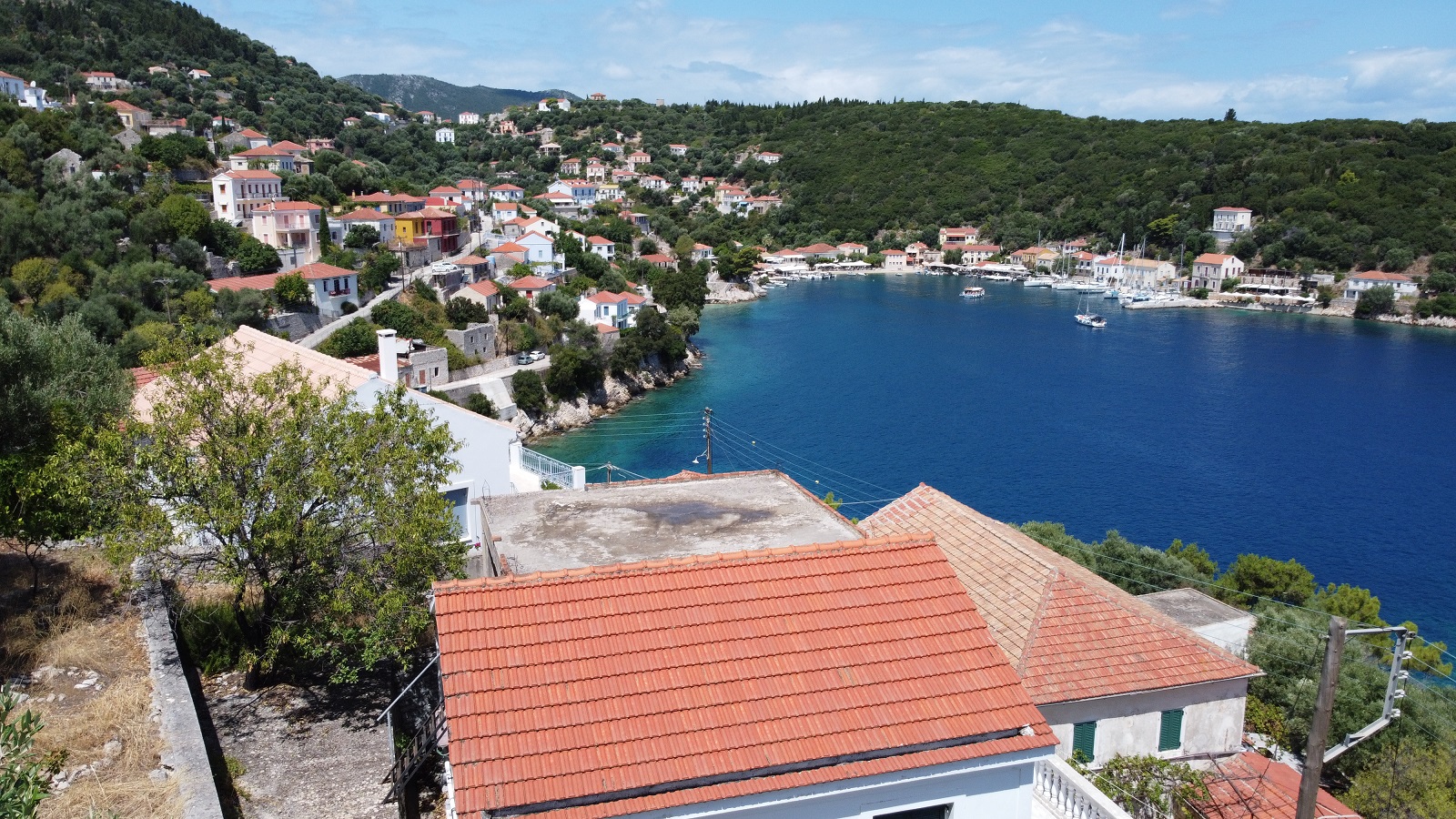 Aerial views of house for sale on Ithaca Greece, Kioni