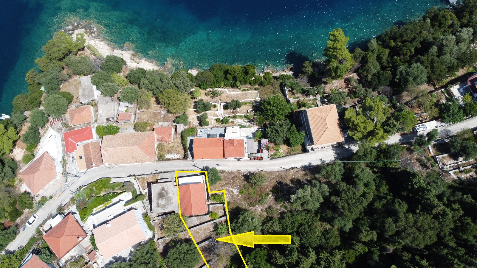 Aerial views of house for sale on Ithaca Greece, Kioni