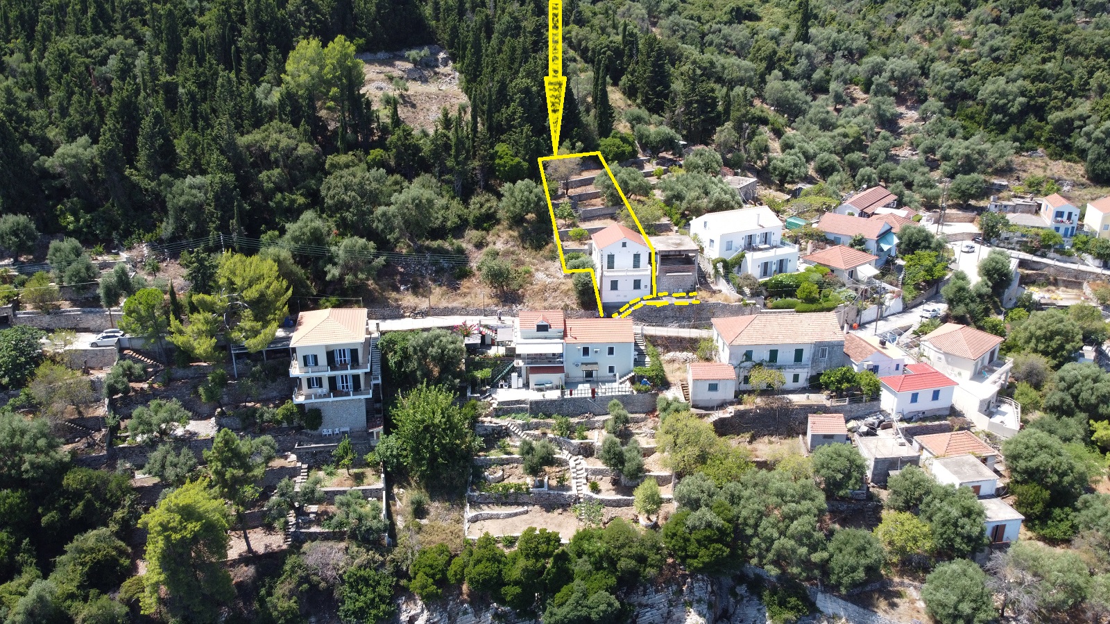 Aerial views of house for sale on Ithaca Greece, Kioni