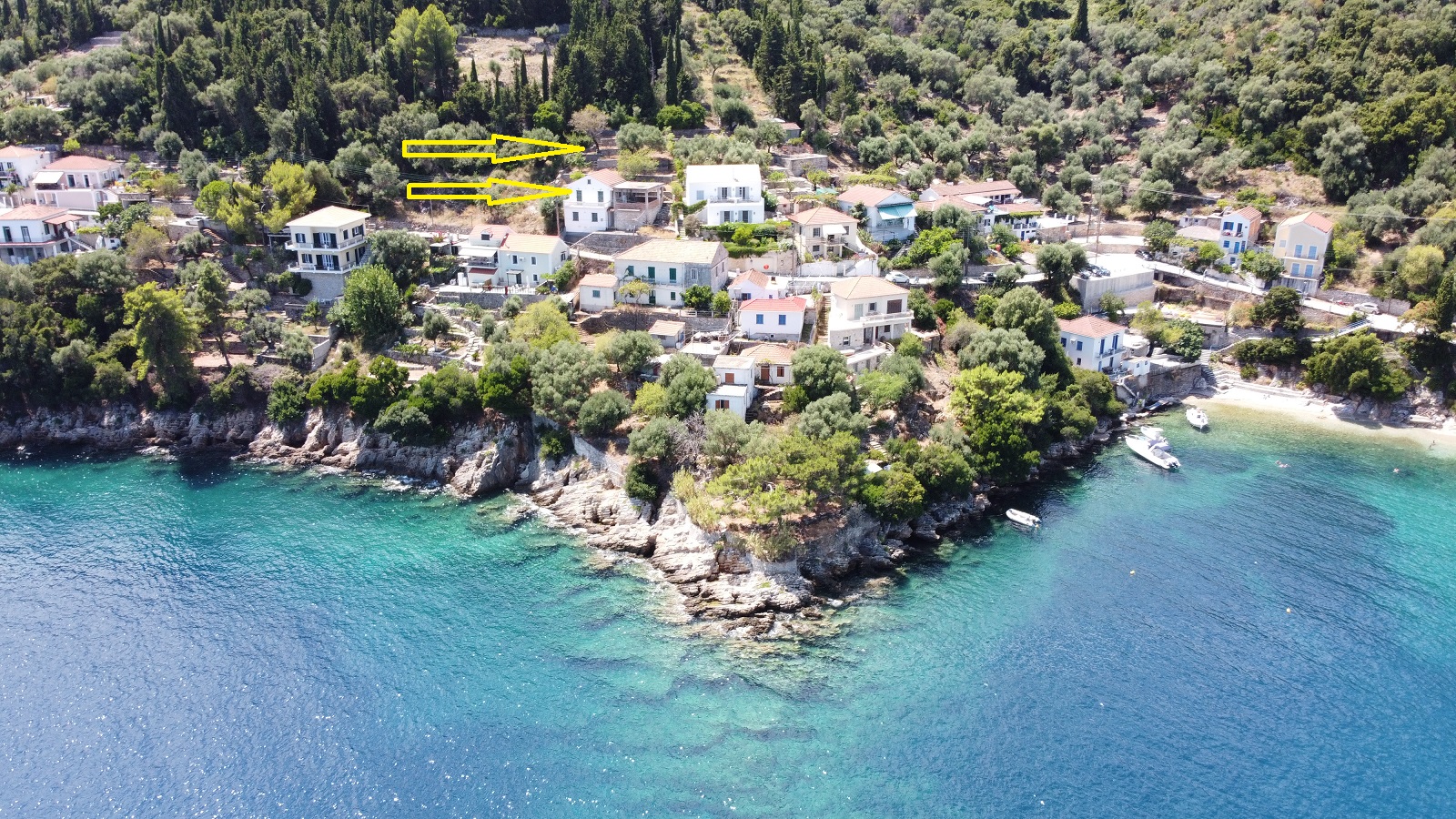 Aerial views of house for sale on Ithaca Greece, Kioni
