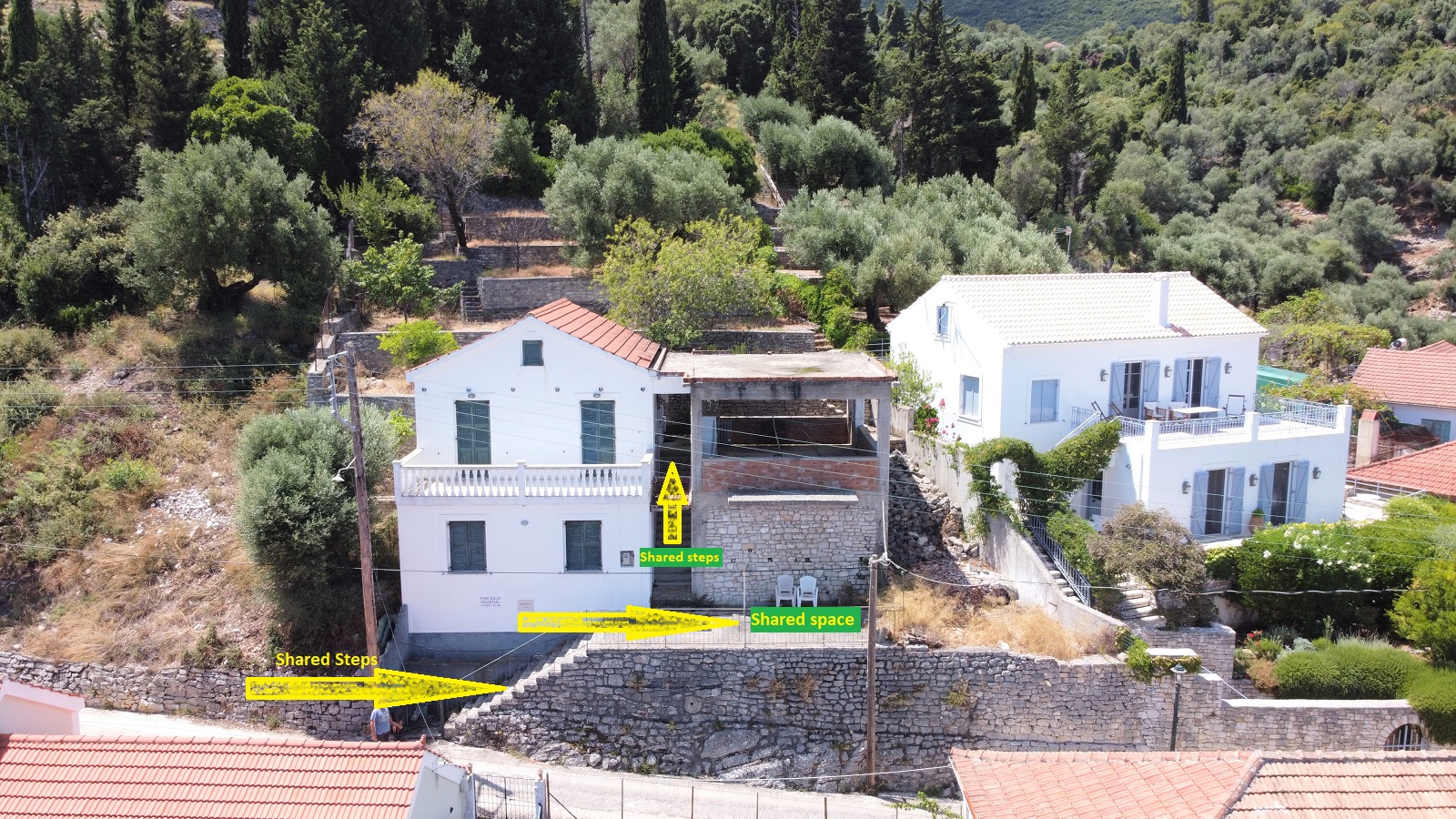 Aerial views of house for sale on Ithaca Greece, Kioni