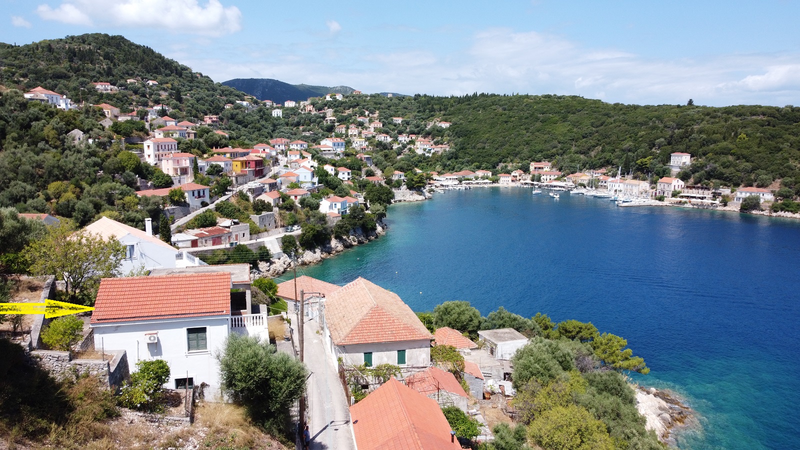 Aerial views of house for sale on Ithaca Greece, Kioni
