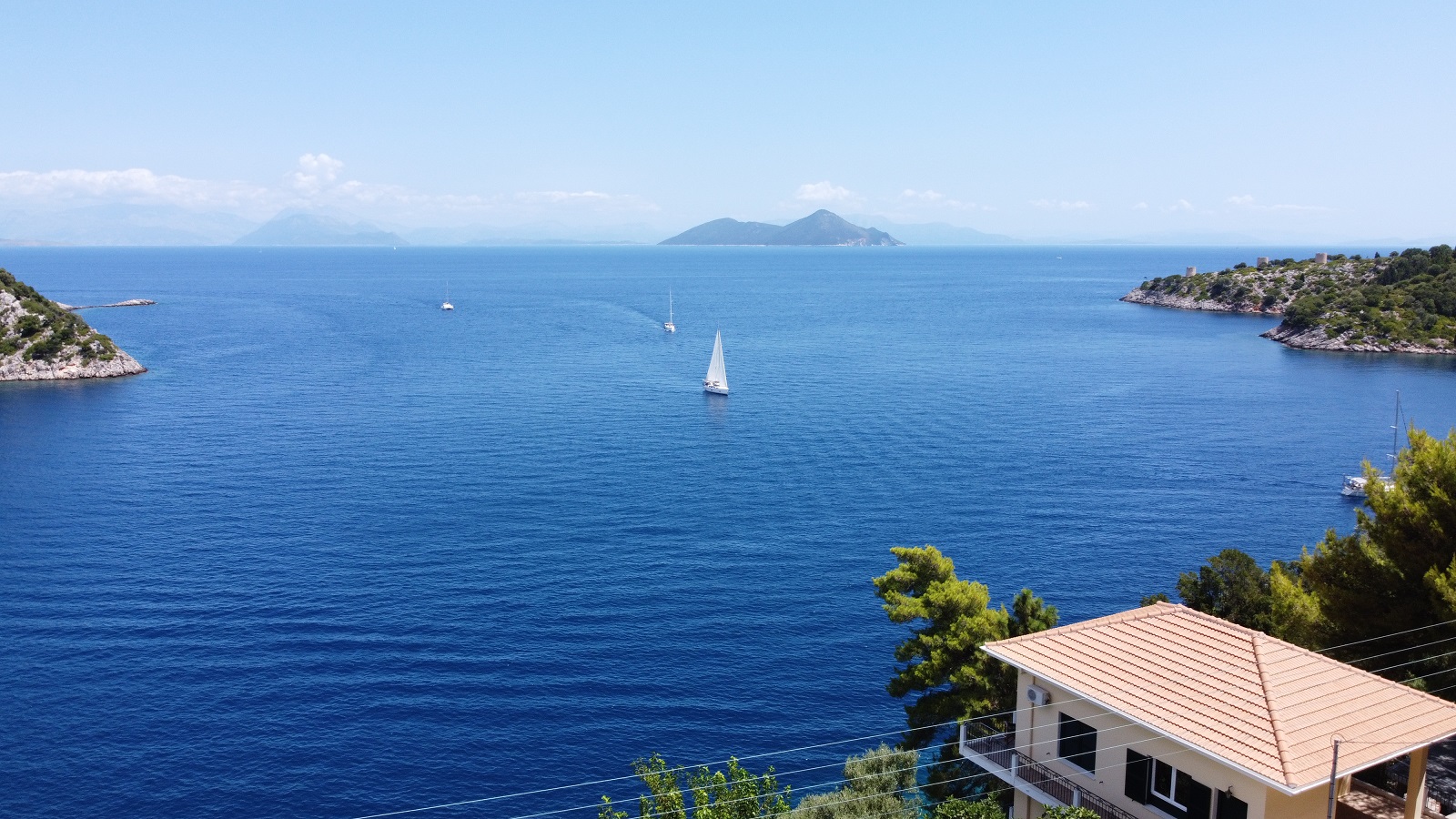 Aerial views of house for sale on Ithaca Greece, Kioni