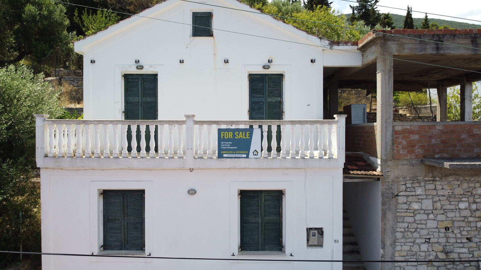 Aerial views of house for sale on Ithaca Greece, Kioni