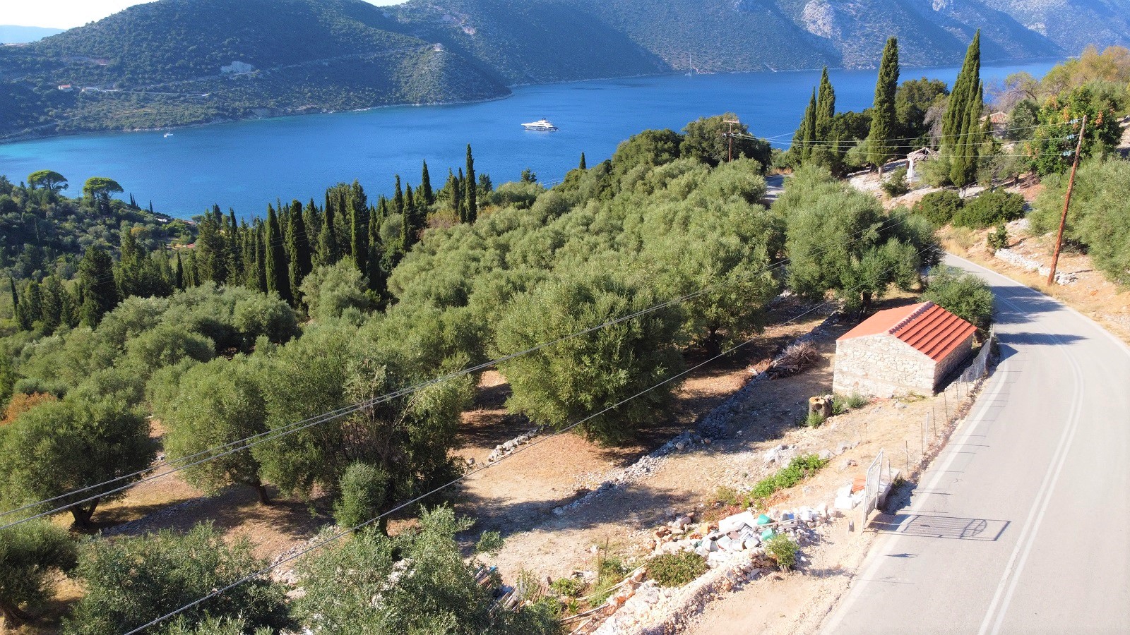 Aerial view of land for sale on Ithaca, Greece, Pisaetos