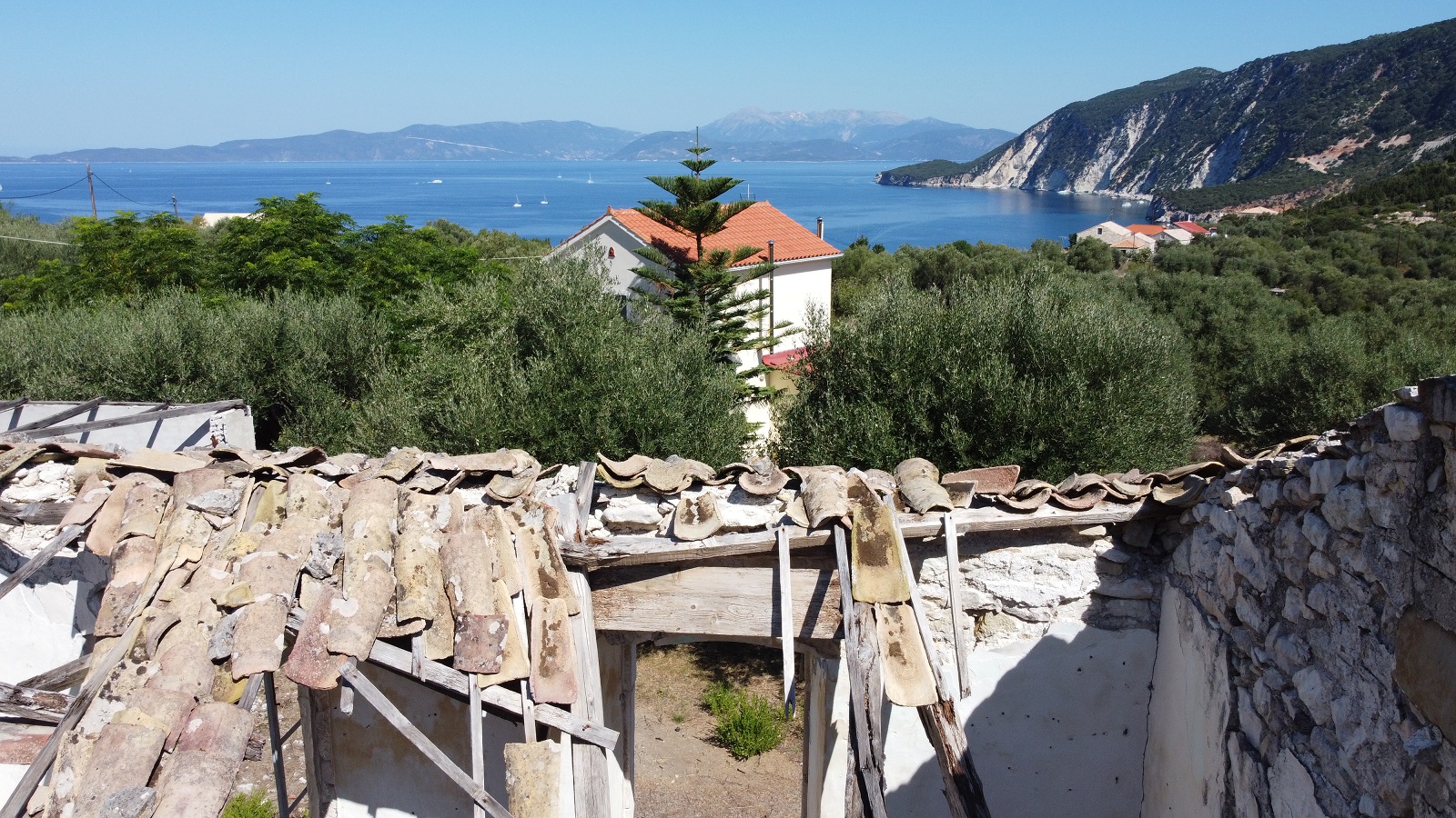 Aerial view of land for sale on Ithaca, Greece, Ag. Saranta