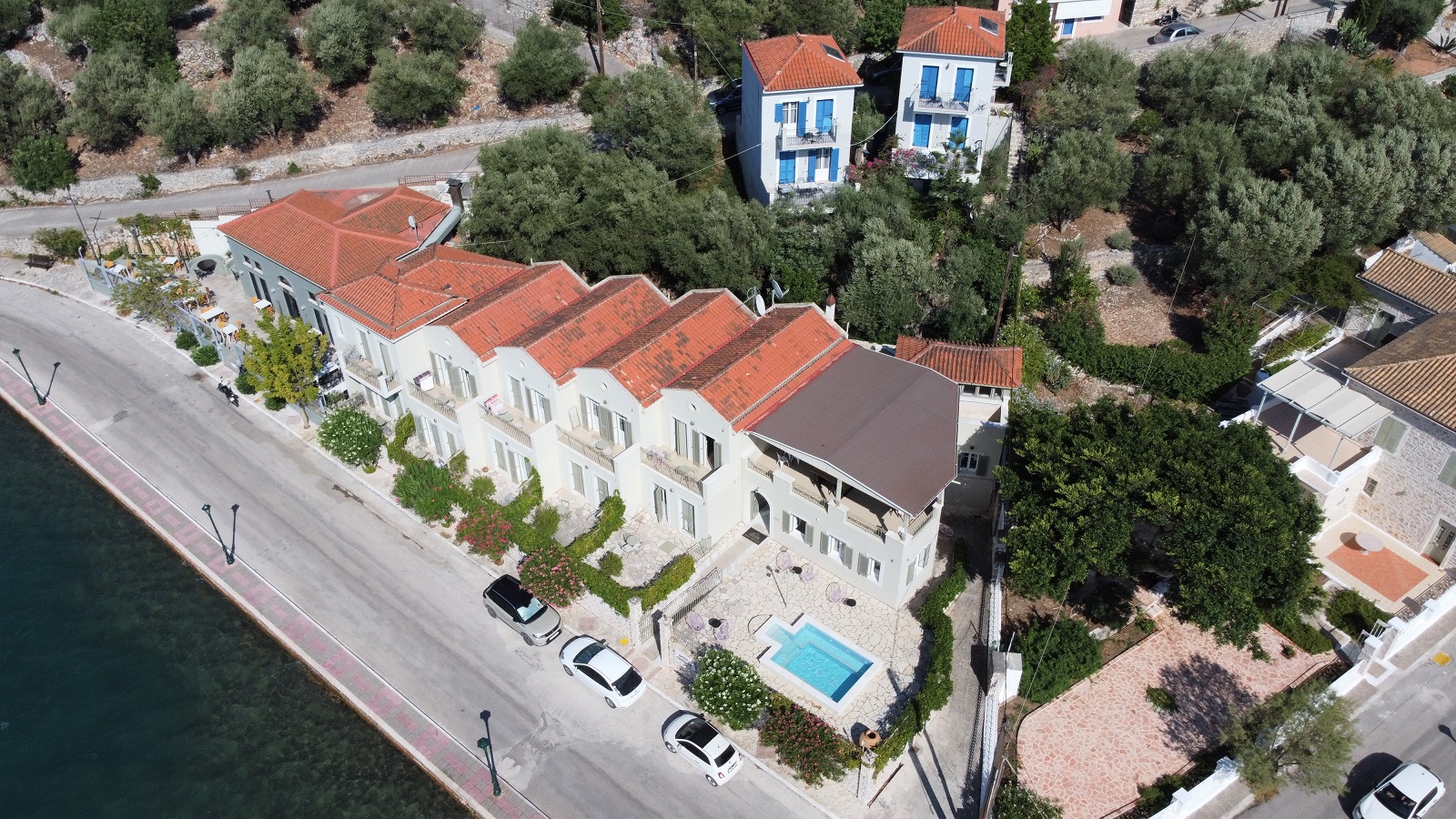 Aerial view of hotel for sale on Ithaca Greece, Vathi