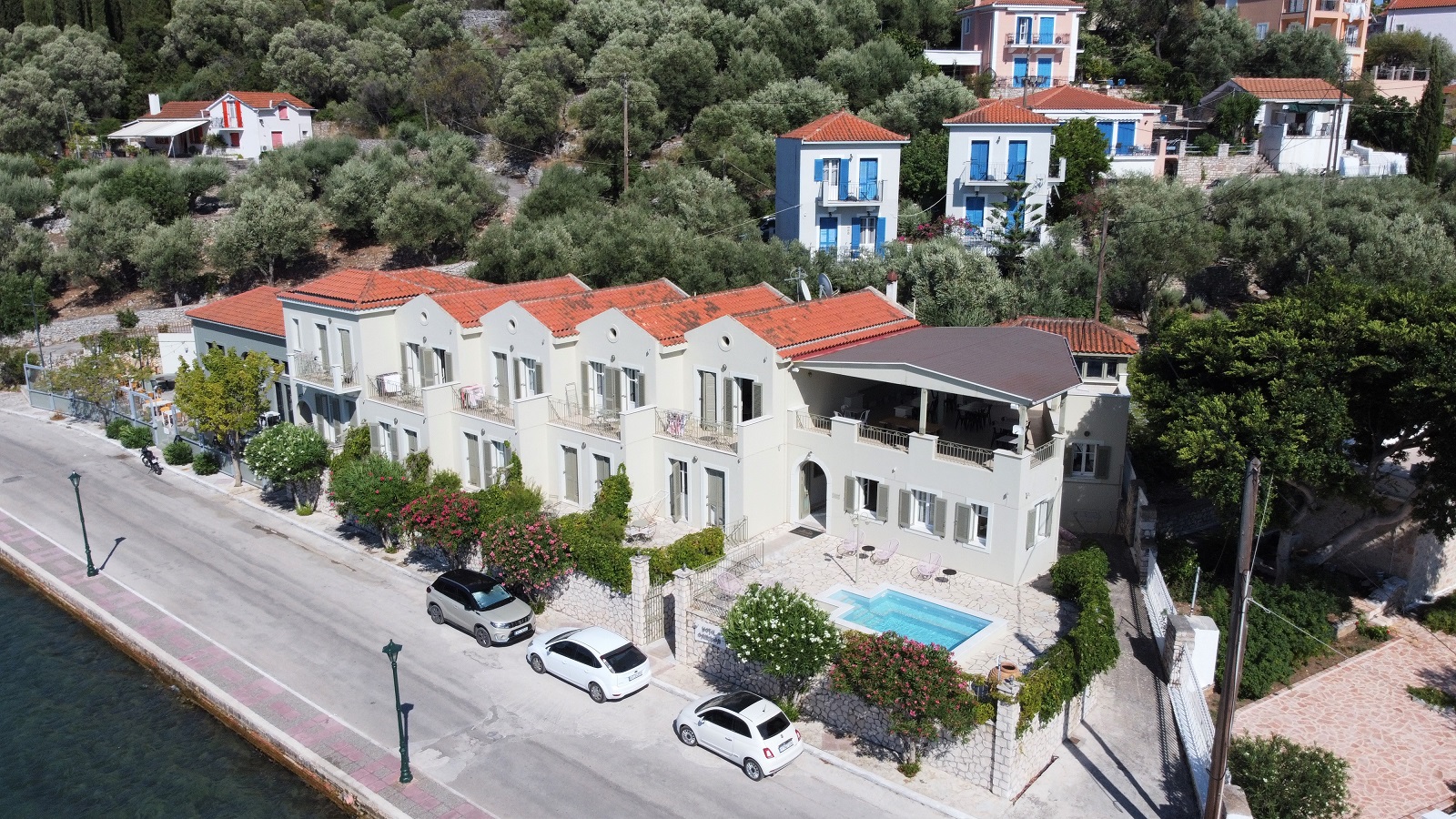 Aerial view of hotel for sale on Ithaca Greece, Vathi