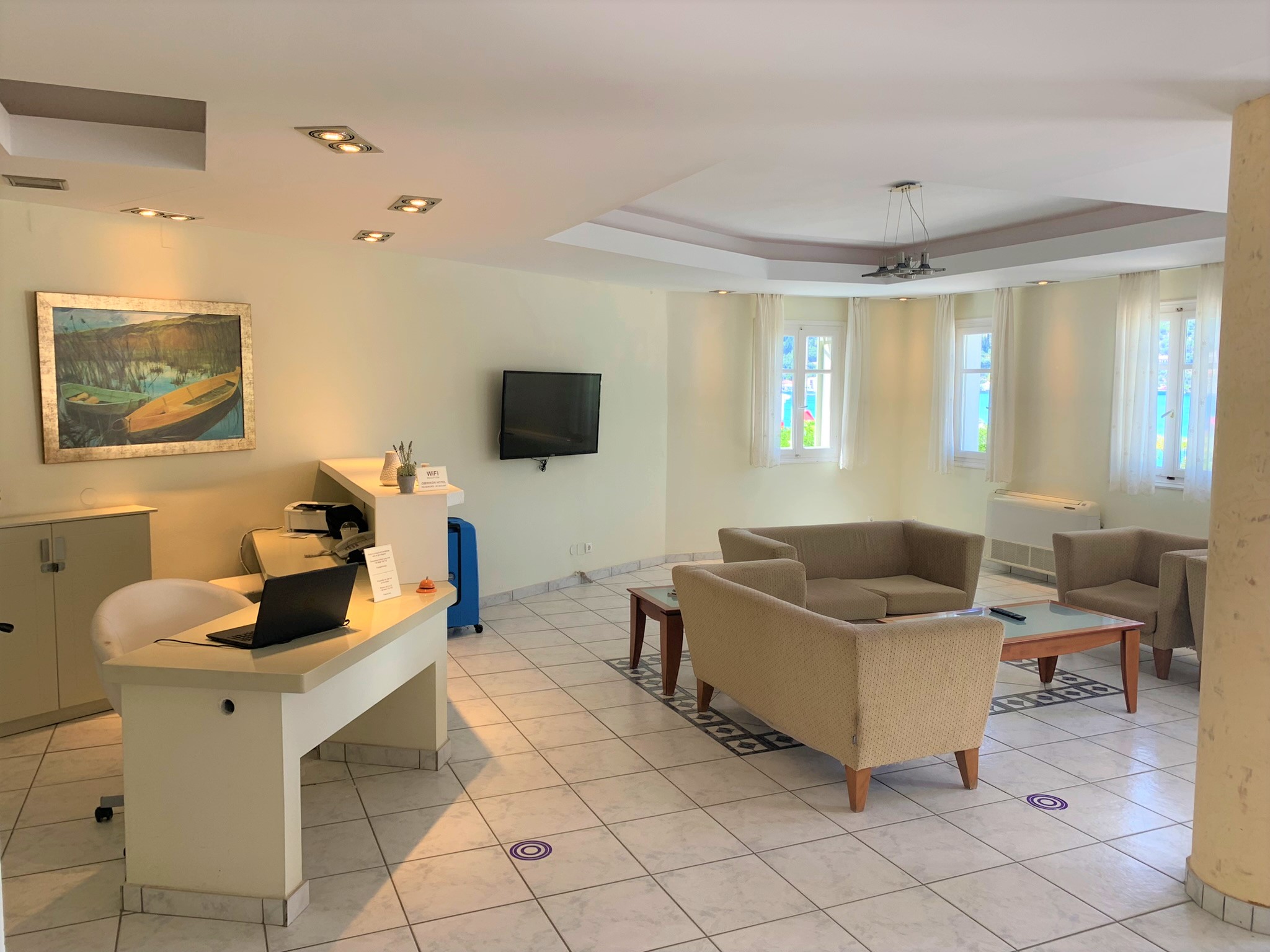 Reception area of hotel for sale on Ithaca Greece, Vathi