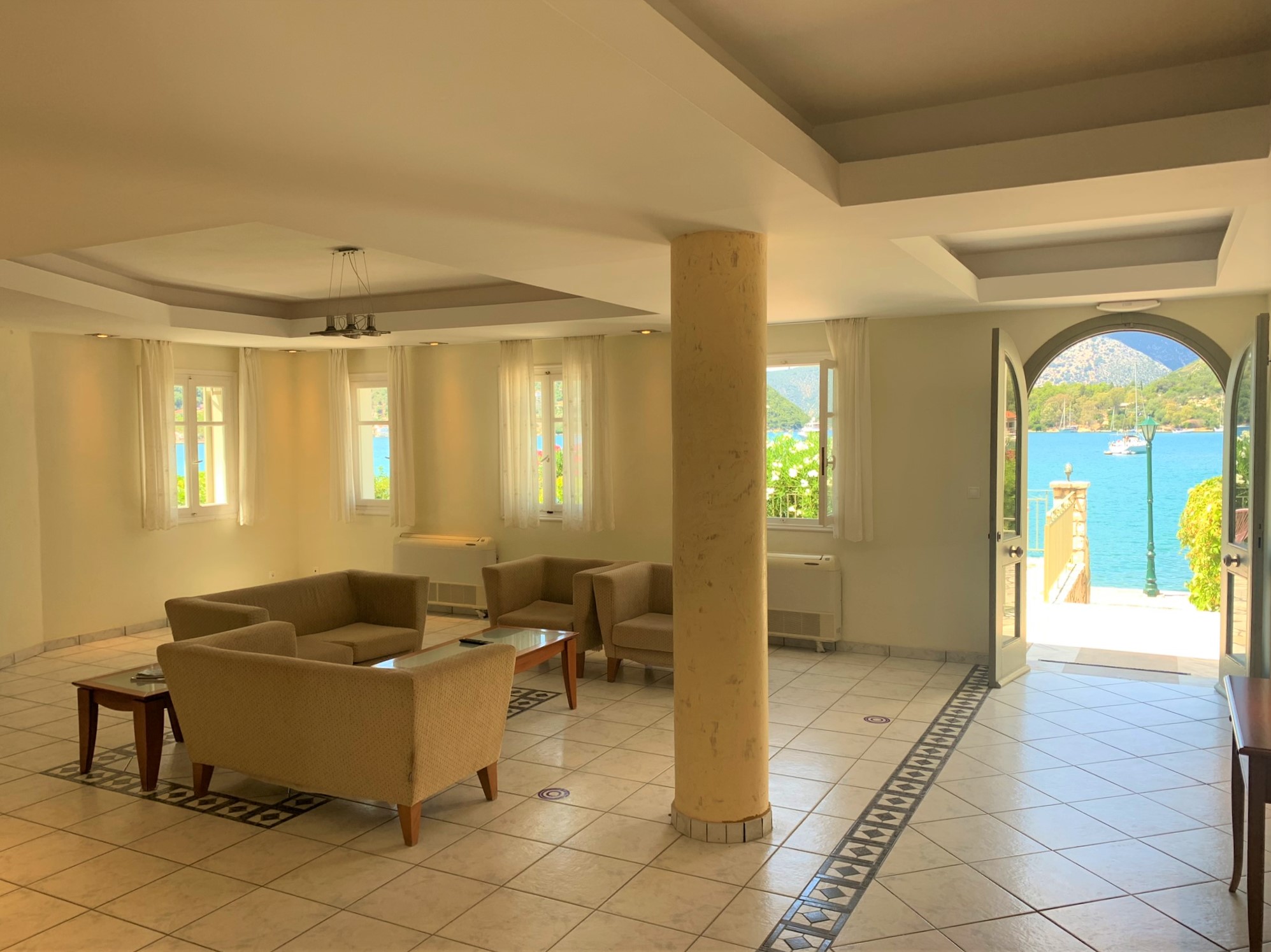 Reception area of hotel for sale on Ithaca Greece, Vathi