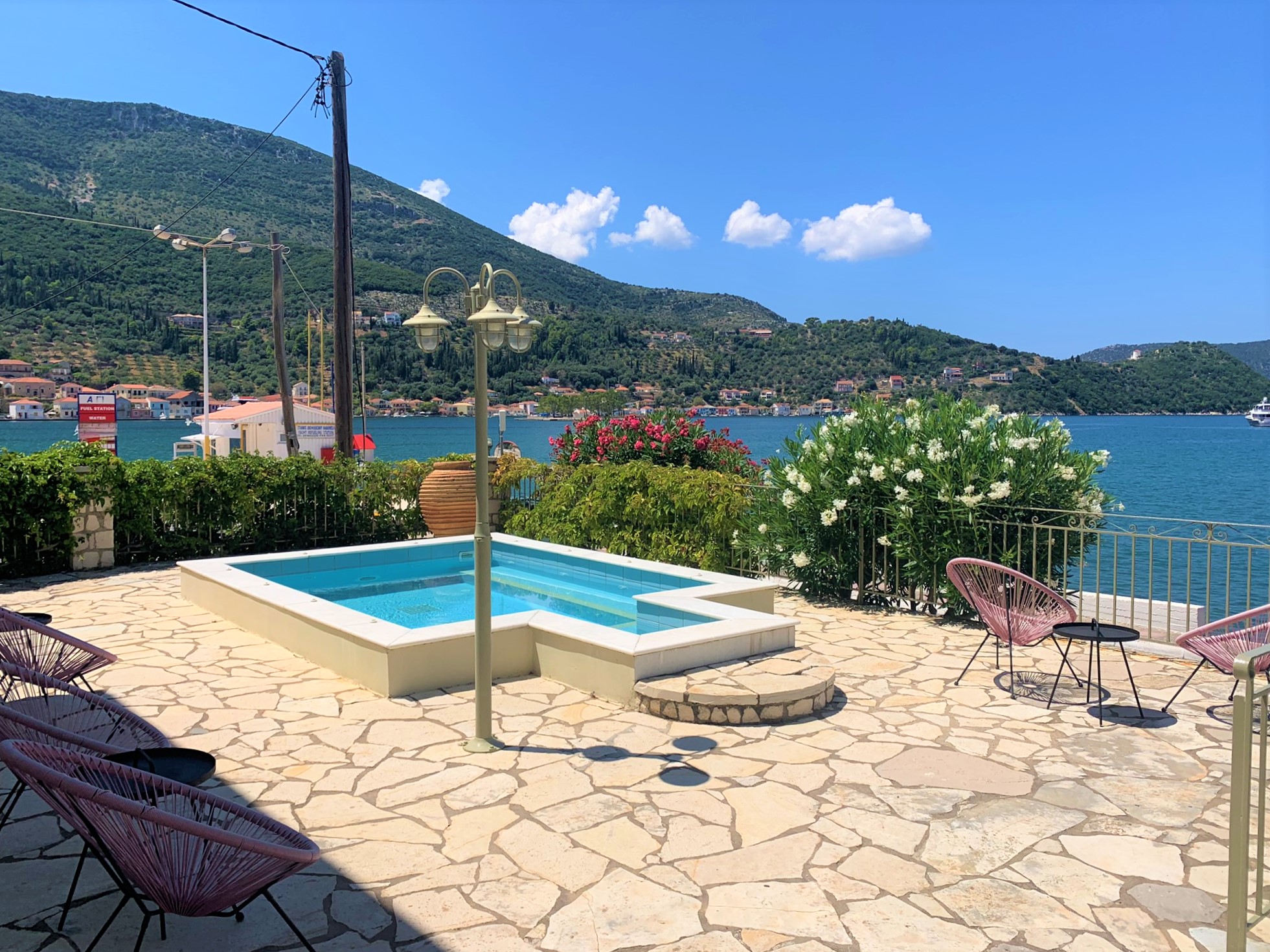 Patio with pool of hotel for sale on Ithaca Greece, Vathi