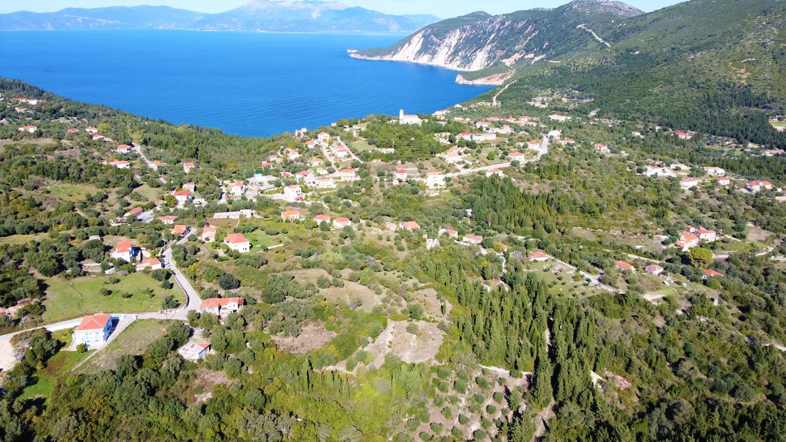 Aerial views of land for sale on Ithaca, Greece, Platrithias