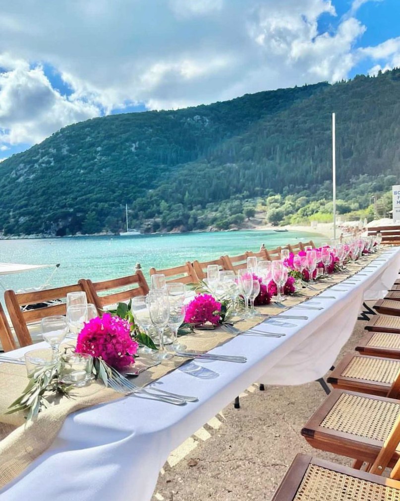 Table arrangements for wedding reception on Ithaca Greece