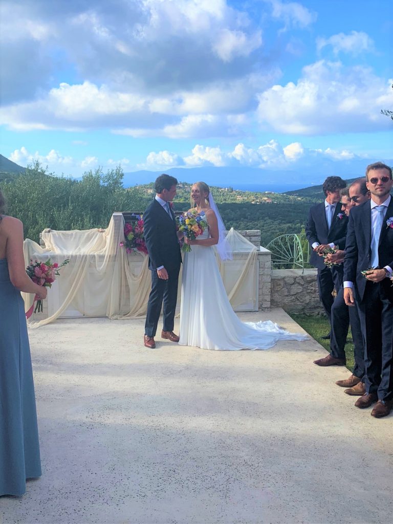 Bride and groom at wedding ceremony on Ithaca Greece
