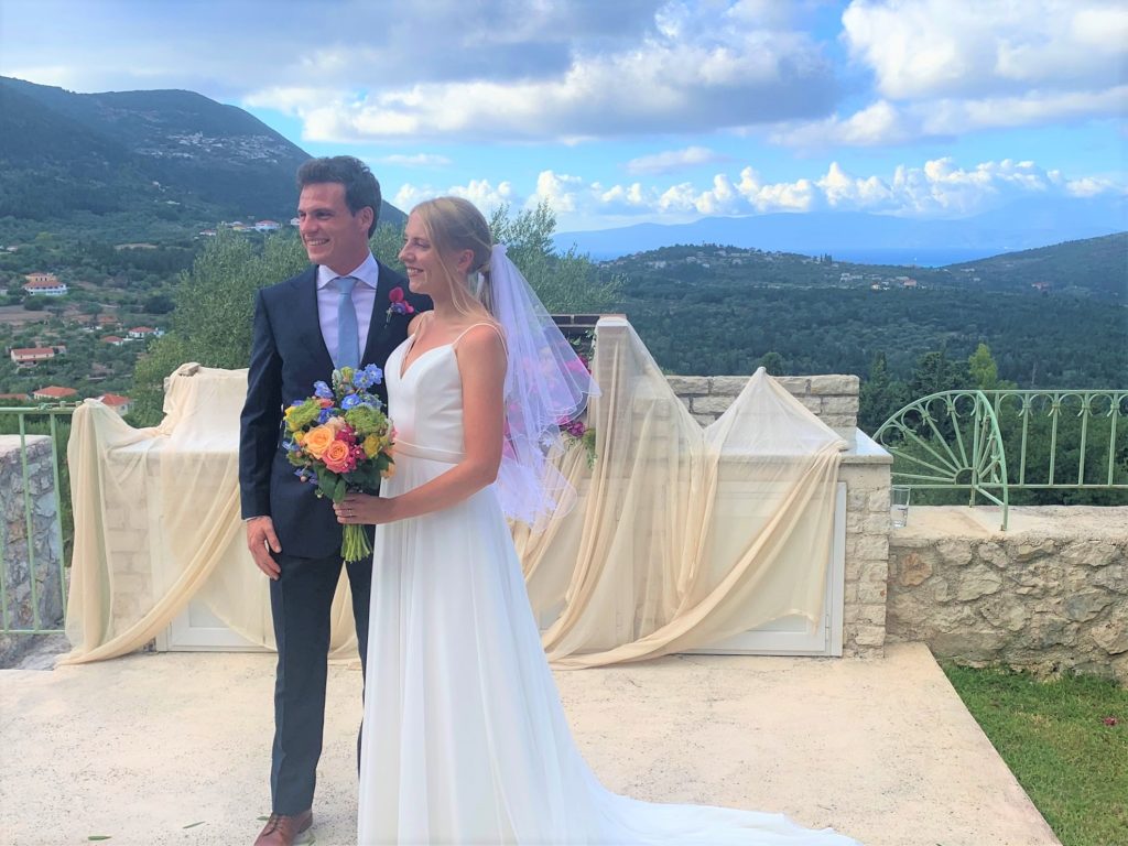 Bride and groom at wedding ceremony on Ithaca Greece
