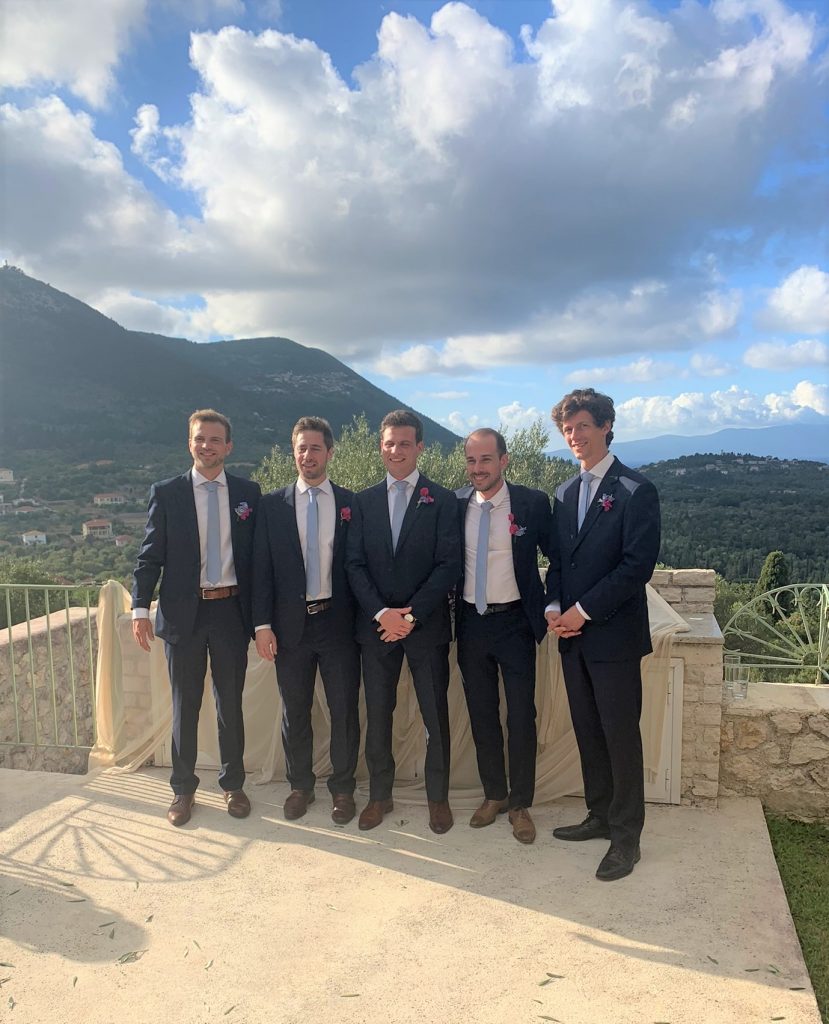 Groom and best men at wedding ceremony on Ithaca Greece