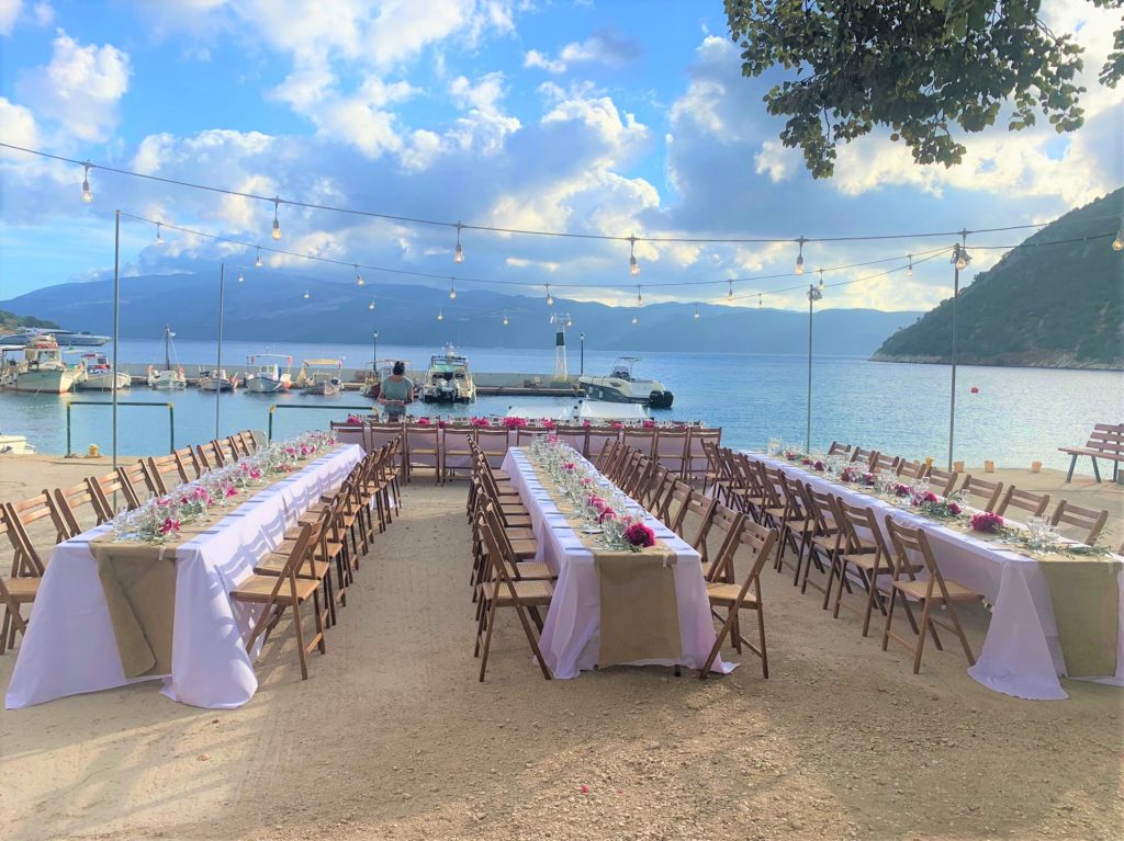 Table arrangements for beach wedding reception on Ithaca Greece