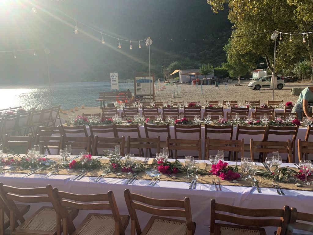 Table arrangements for beach wedding reception on Ithaca Greece