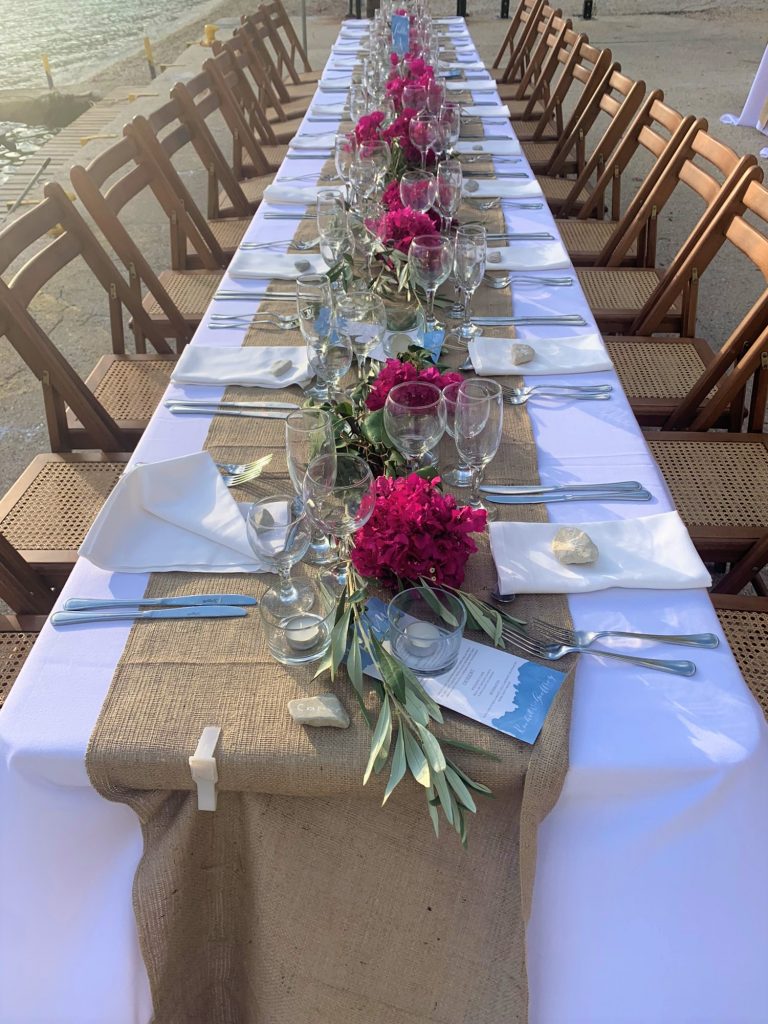Table arrangement for wedding ceremony on the beach, Ithaca Greece