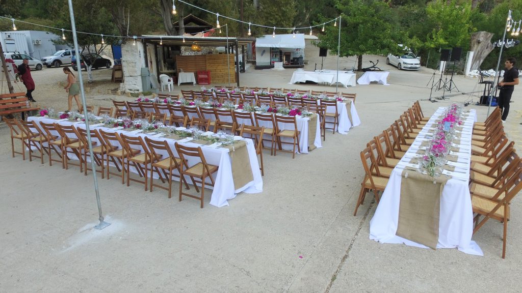 Table arrangements at beach wedding reception on Ithaca Greece