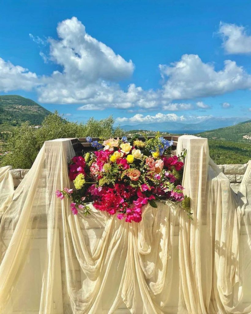 Flower arrangement at wedding ceremony on Ithaca Greece