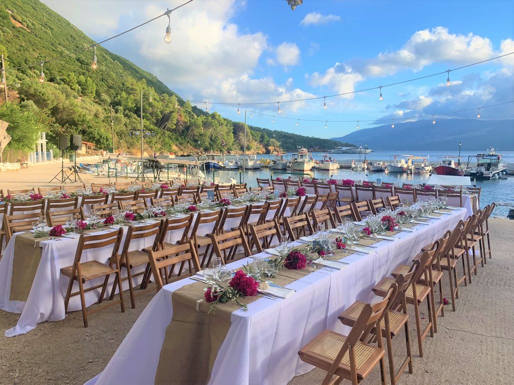 Table arrangements at beach wedding reception, Ithaca Greece