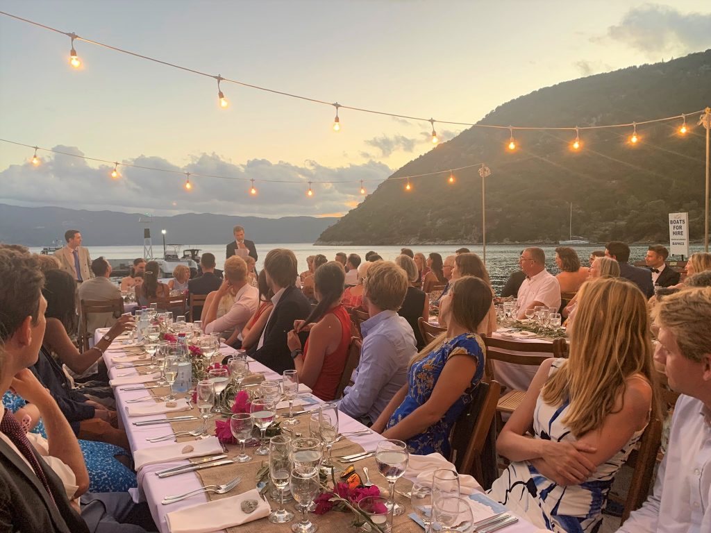 Tables at beach wedding reception, Ithaca Greece