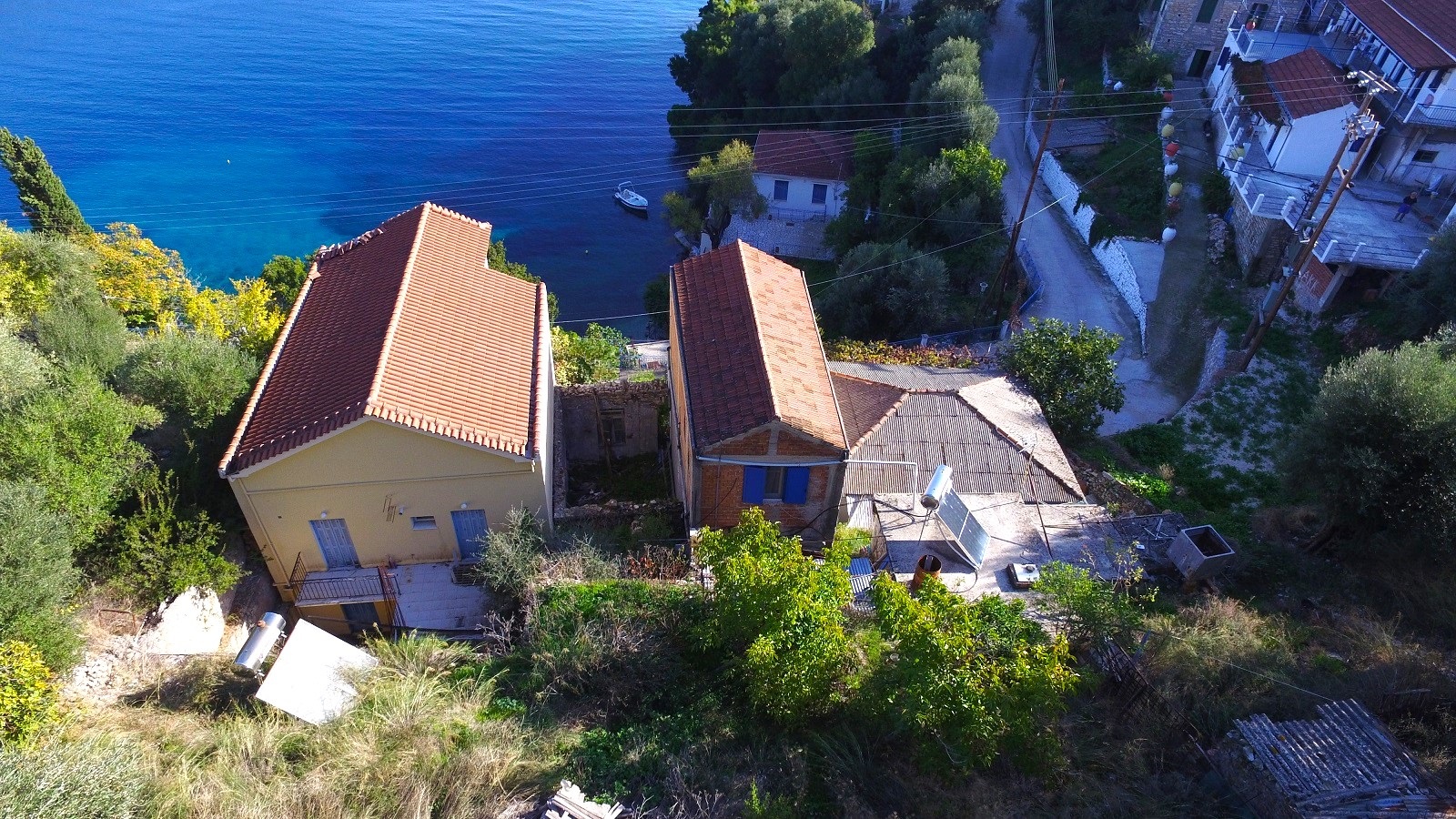 Aerial views of ruin for sale in Ithaca Greece, Kioni