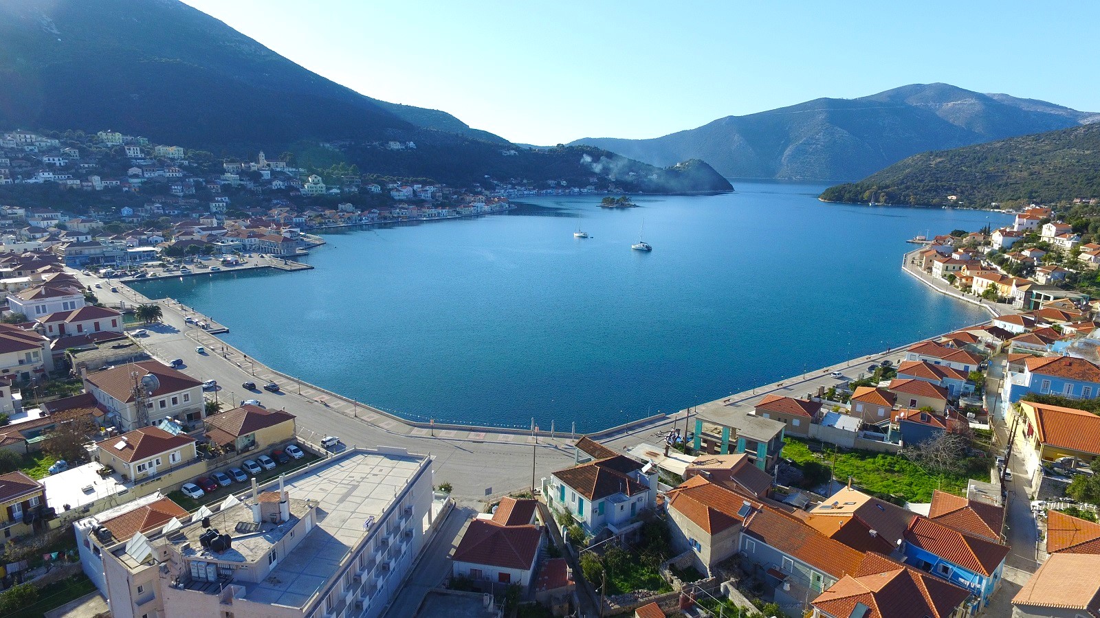 Aerial views from land with building license for sale in Ithaca Greece, Vathi
