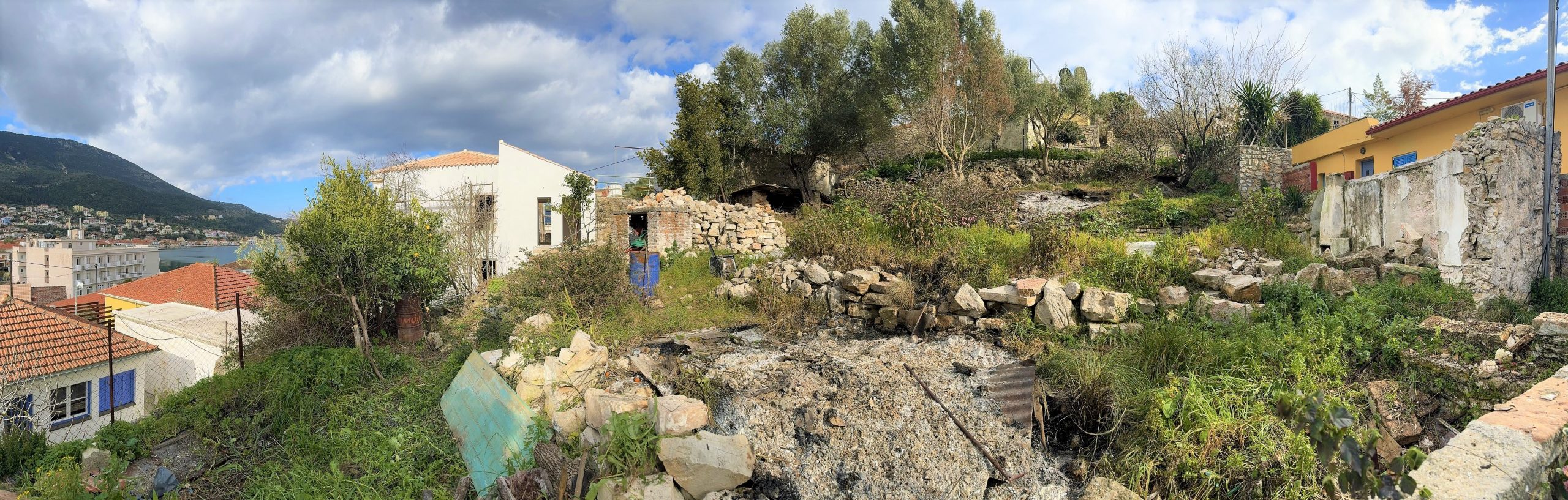 Panoramic pic of land with building license for sale in Ithaca Greece, Vathi