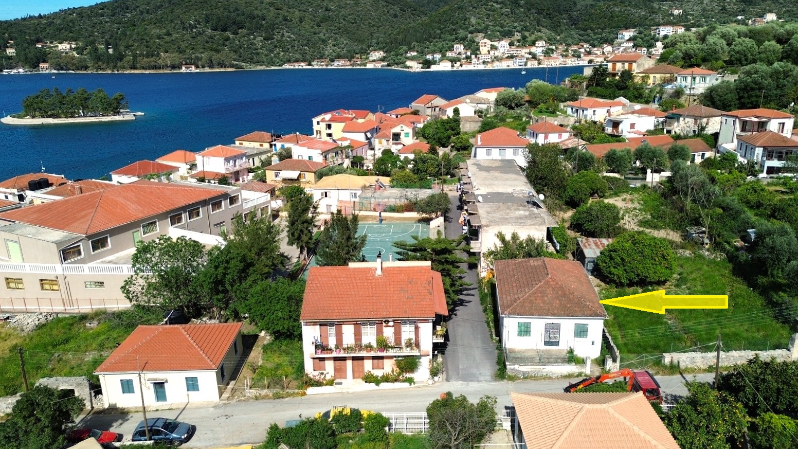 Aerial views and location of house for sale in Ithaca Greece, Vathi