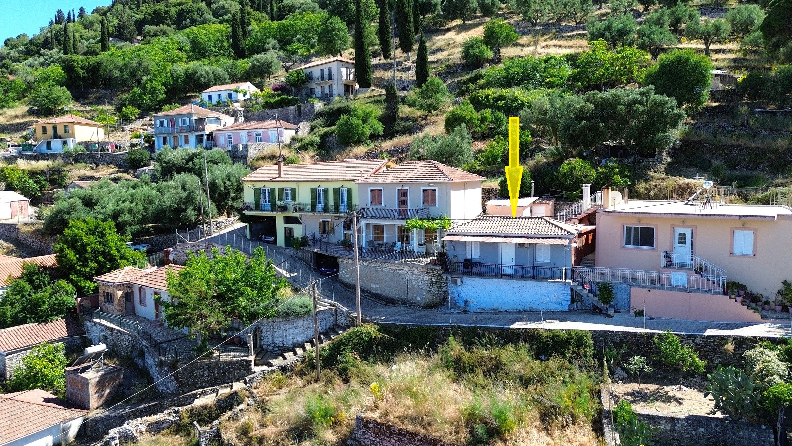 Aerial views and location of house for sale in Ithaca Greece Perachori