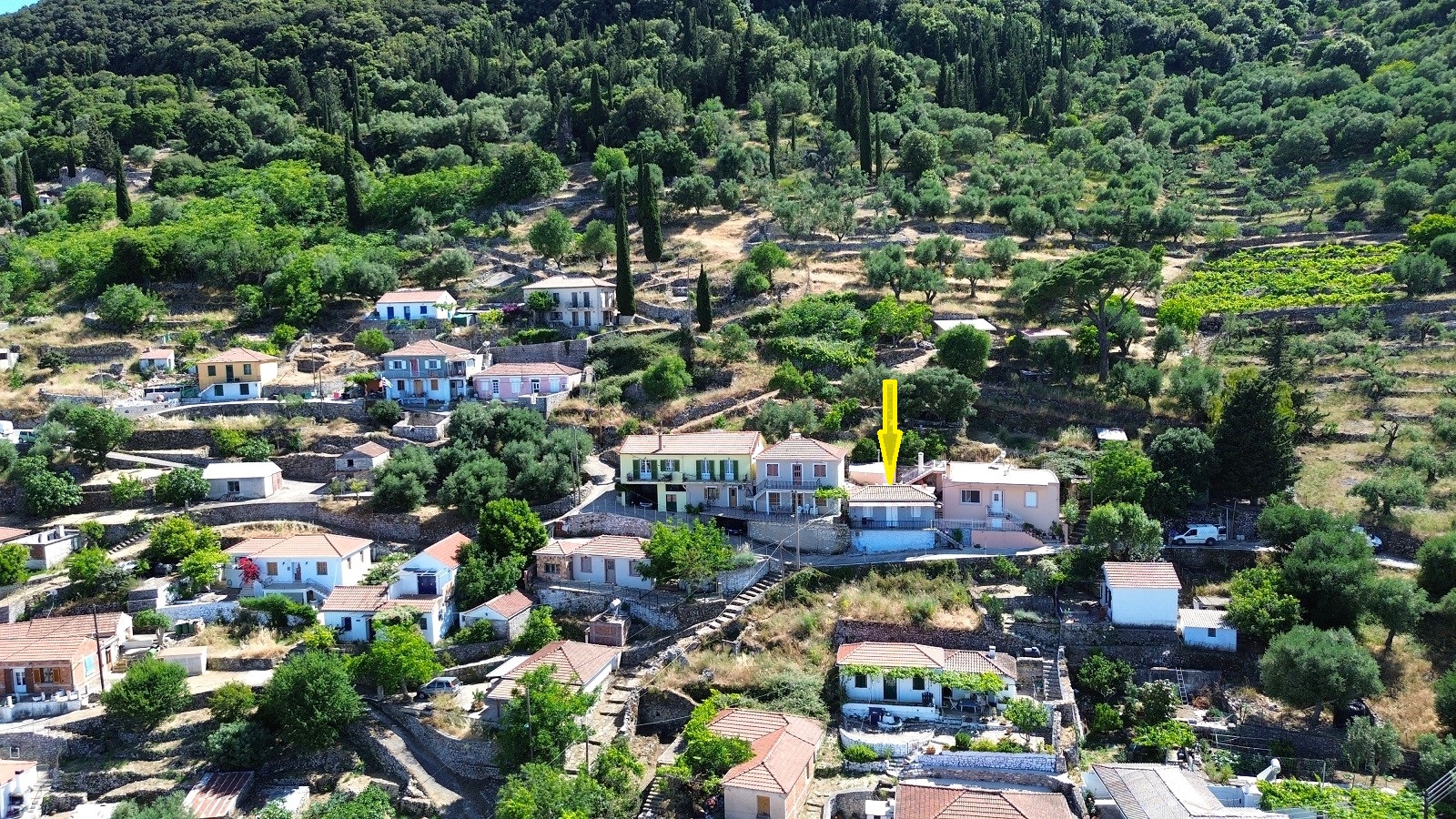 Aerial views and location of house for sale in Ithaca Greece Perachori