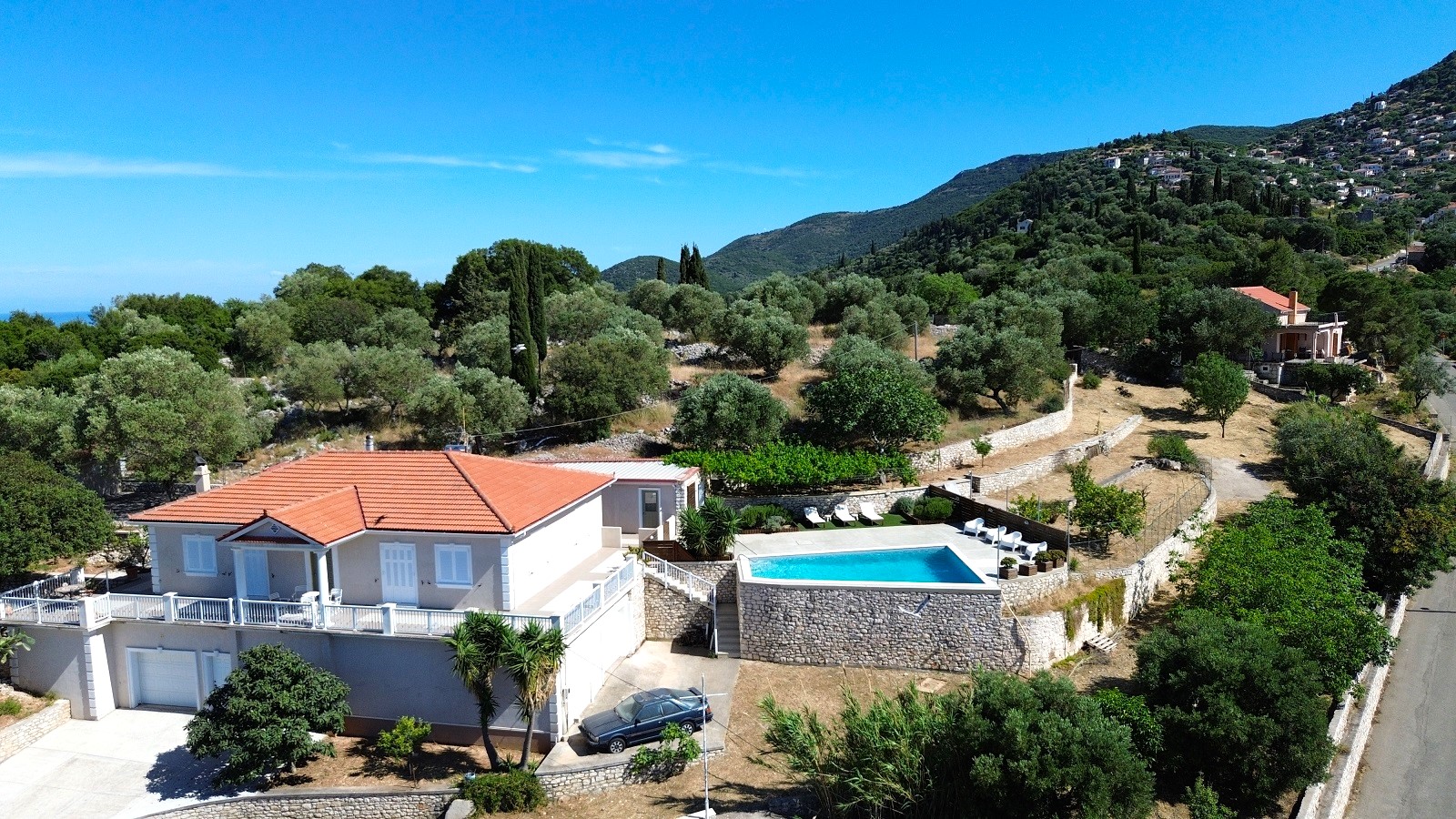 Aerial views of villa with pool for rent in Ithaca Greece Perachori