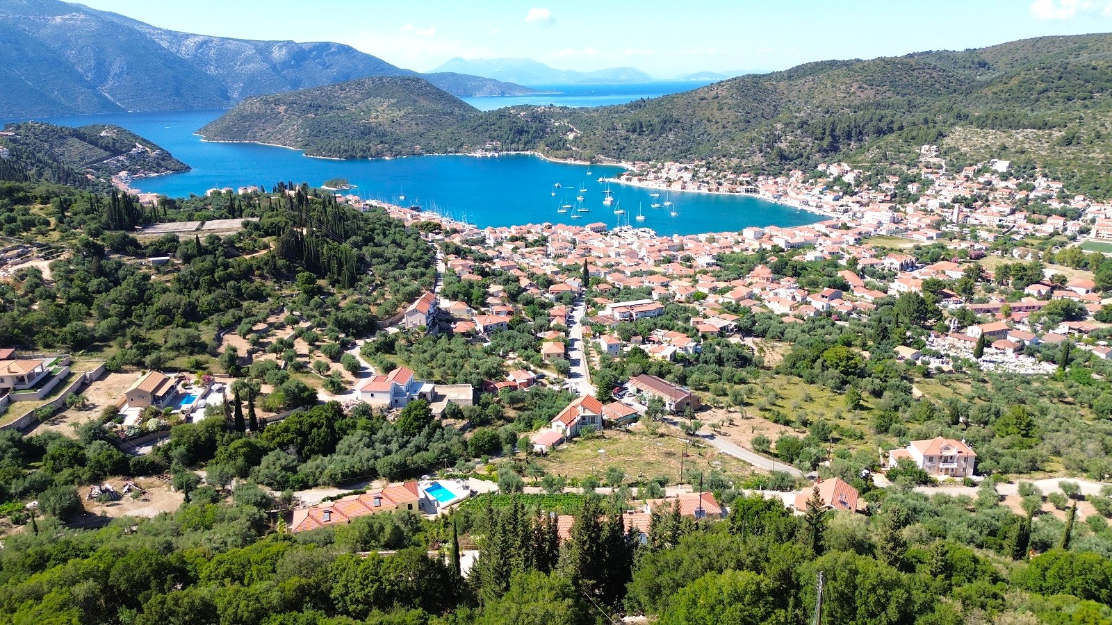 Aerial views of villa with pool for rent in Ithaca Greece Perachori