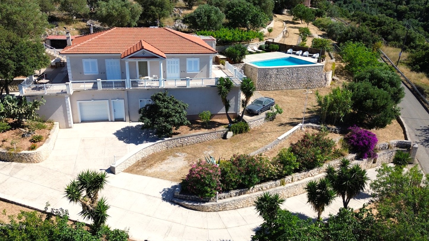 Aerial views of villa with pool for rent in Ithaca Greece Perachori