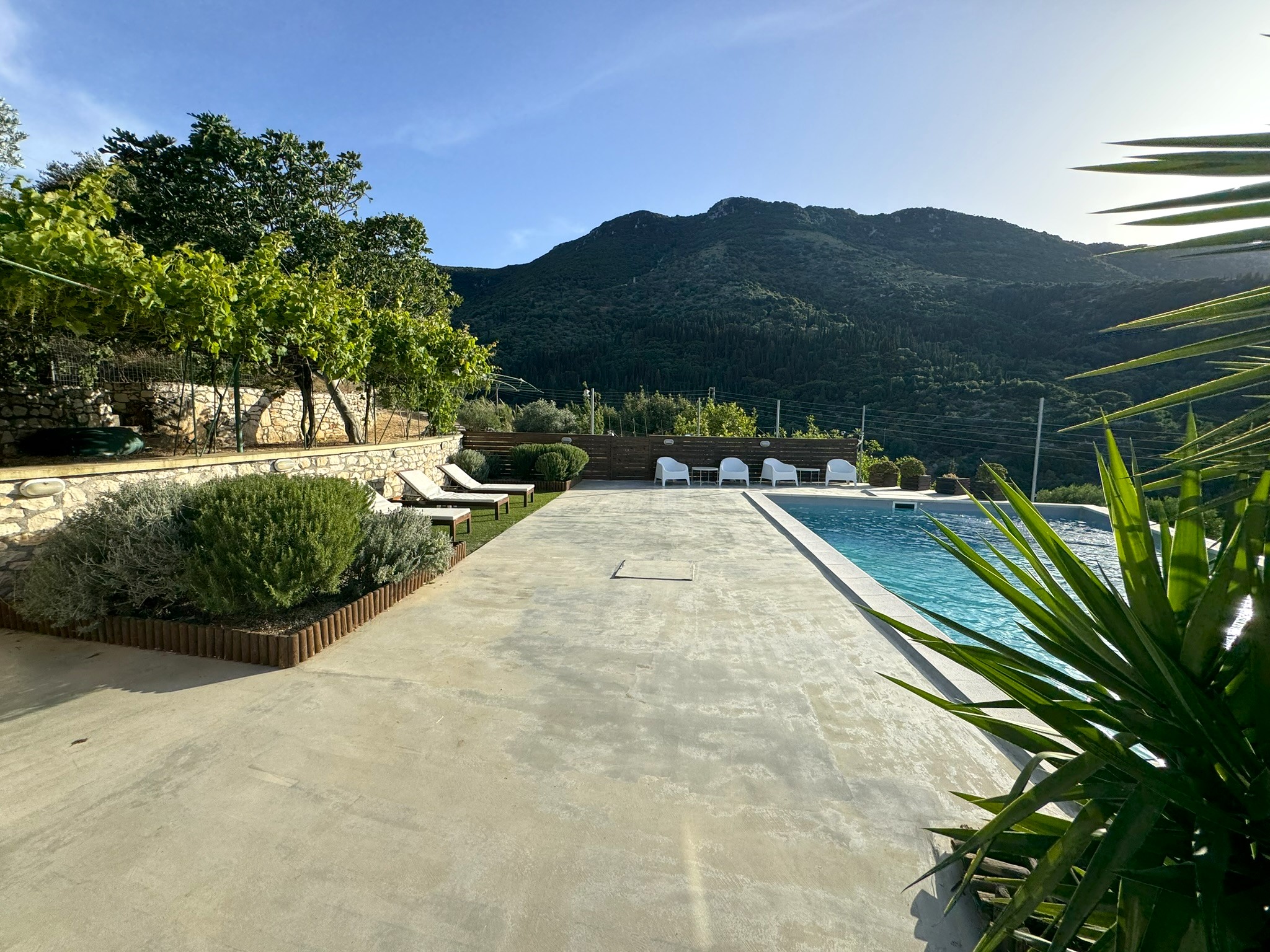 Pool area and views of villa for rent in Ithaca Greece Perachori