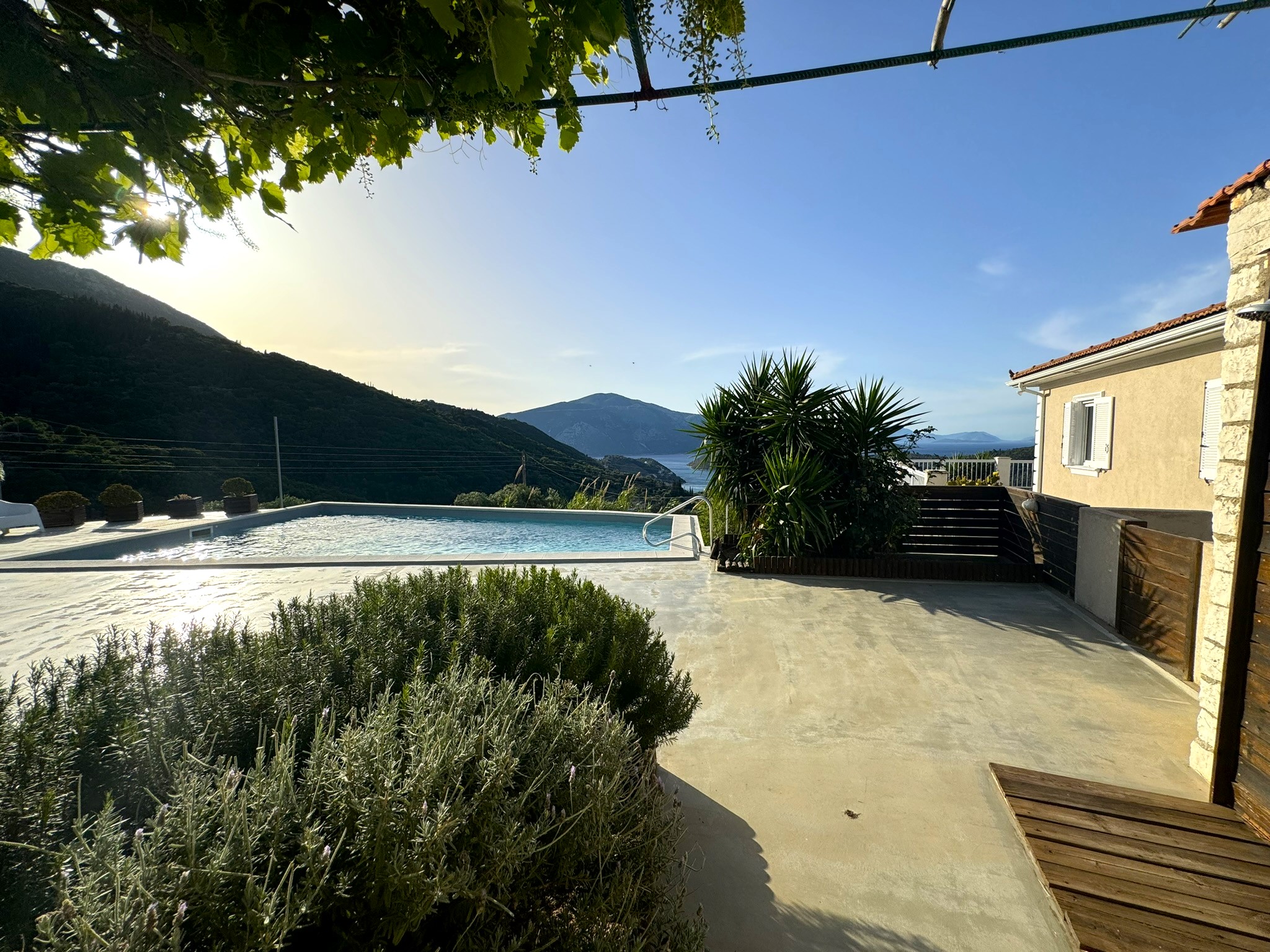 Pool area and views of villa for rent in Ithaca Greece Perachori