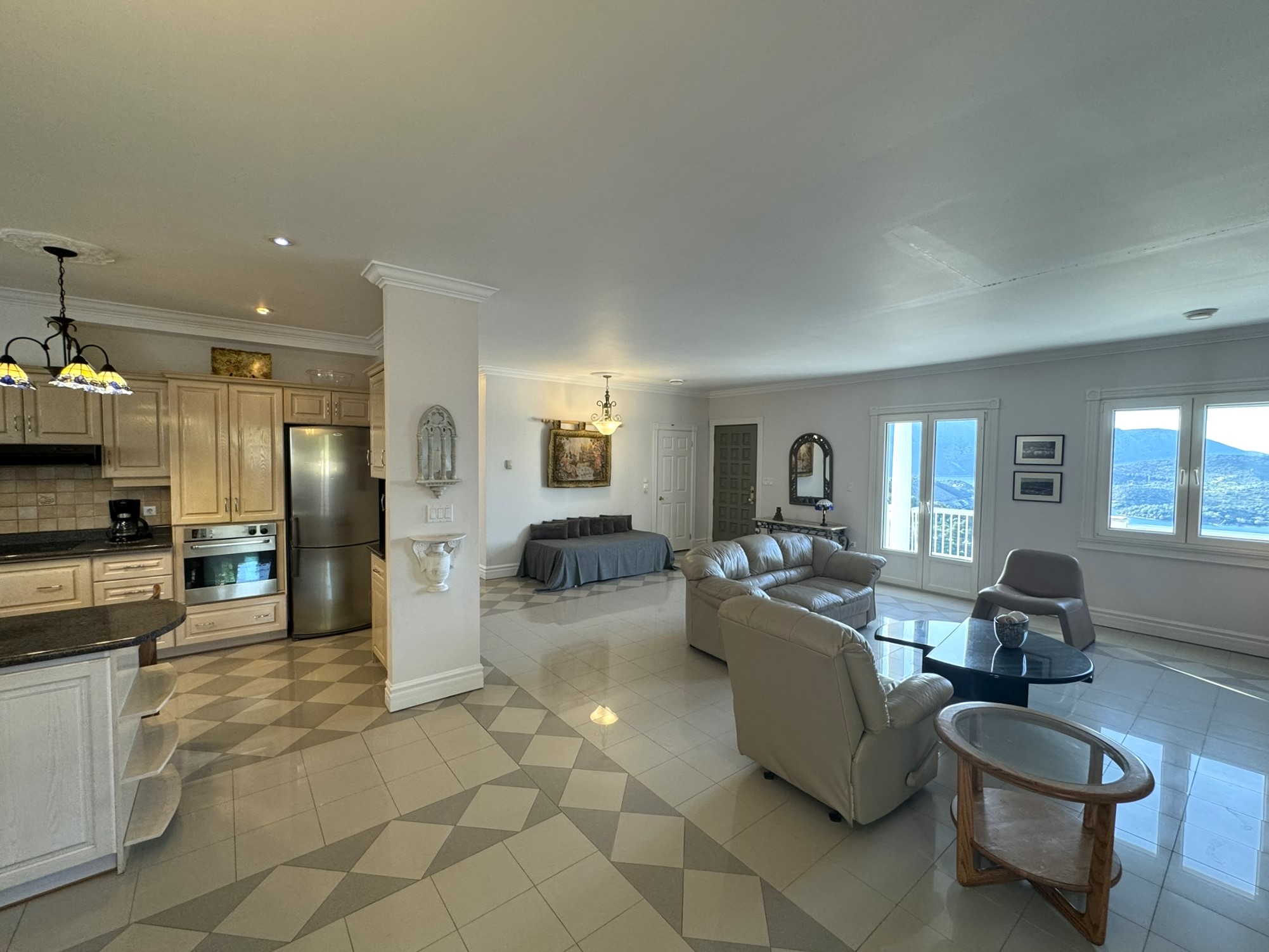 Kitchen and lounge area of villa with pool for rent in Ithaca Greece Perachori