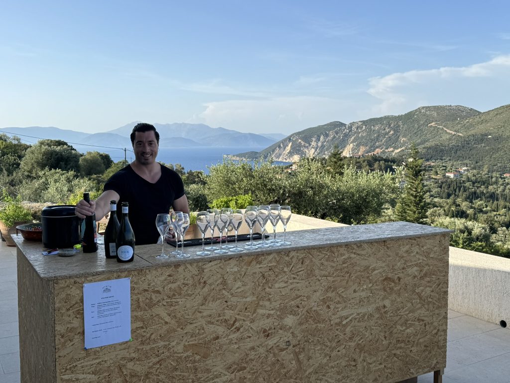 Open bar at pre-wedding dinner party in Ithaca Greece, Stavros