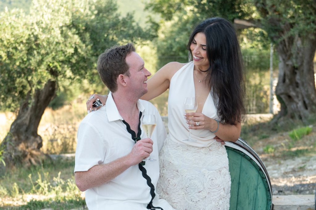 Couple at pre-wedding dinner party in Ithaca Greece, Stavros