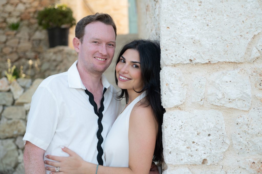 Bride and groom at pre-wedding dinner party in Ithaca Greece, Stavros