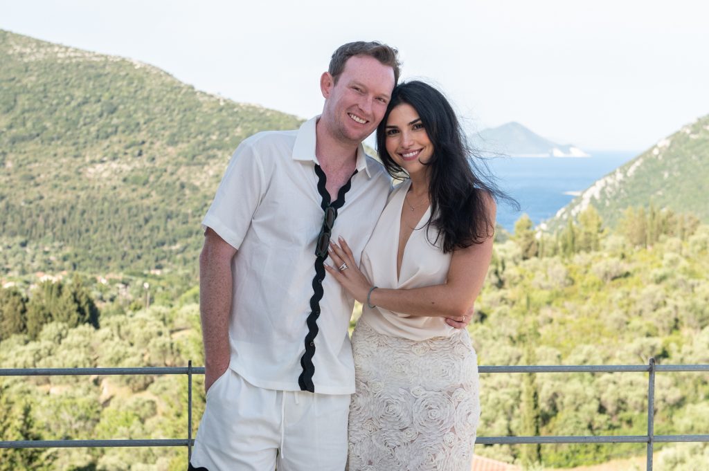 Bride and groom at pre-wedding dinner party in Ithaca Greece, Stavros