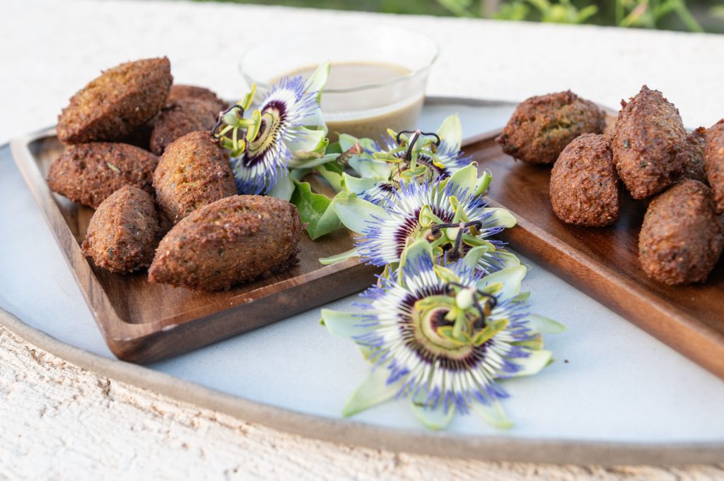 Finger food at pre-wedding dinner party in Ithaca Greece, Stavros