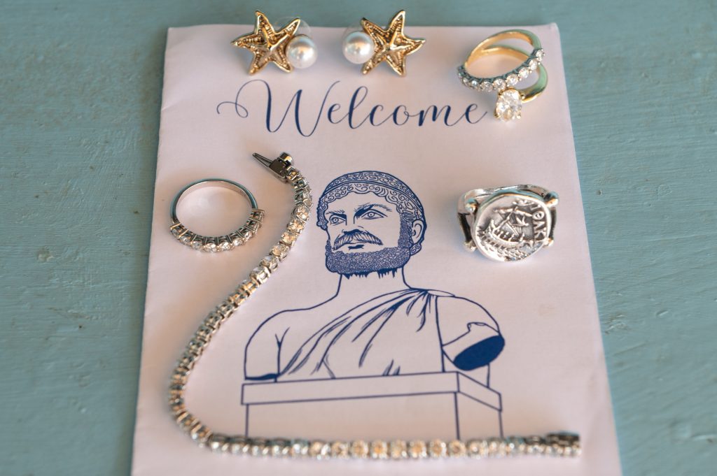 Jewelry detail at wedding in Ithaca Greece, Stavros