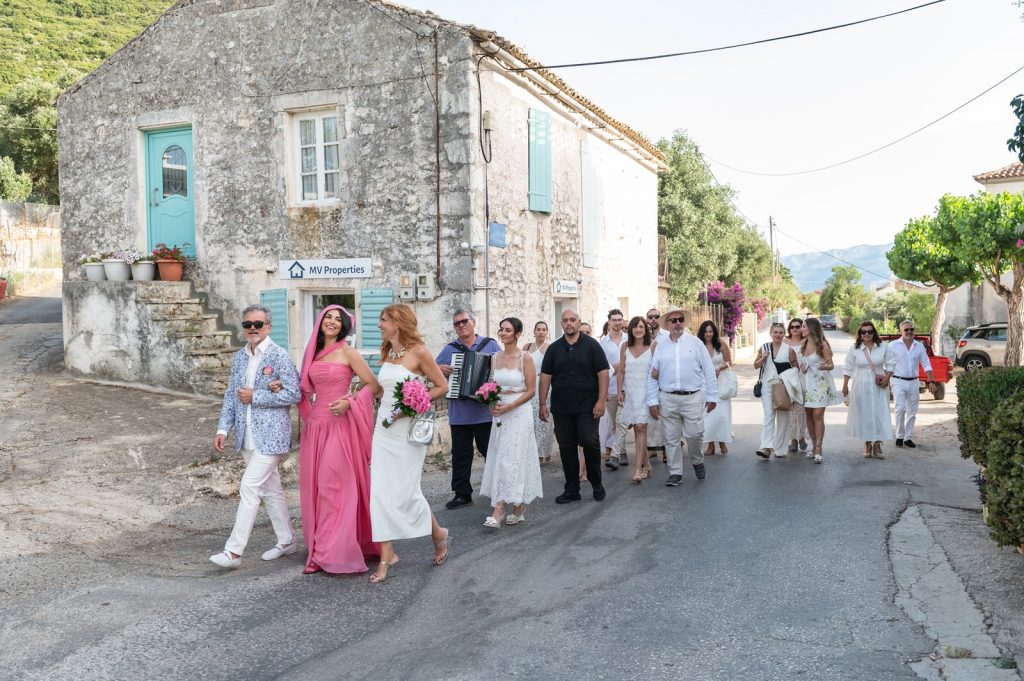 Live music accompanying the bride to the church ceremony in Ithaca Greece, Stavros