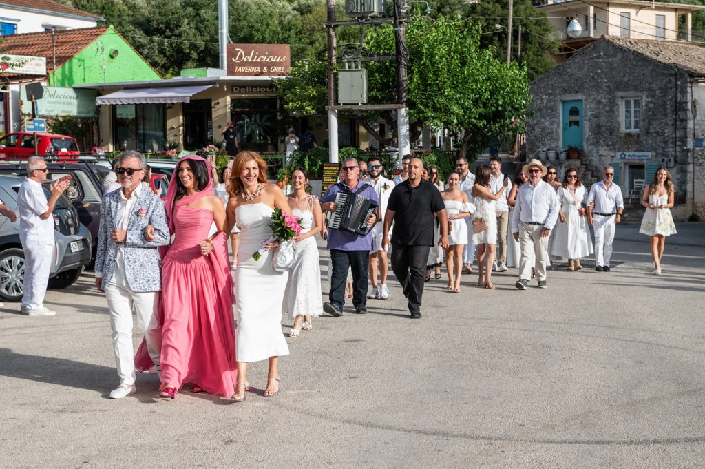 Live music accompanying the bride to the church ceremony in Ithaca Greece, Stavros